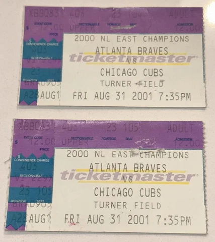 8/31/01 Chicago Cubs Atlanta Braves MLB Baseball Ticket Stub Jones Sosa McGriff Cover