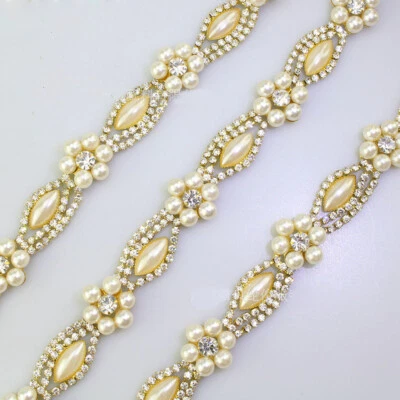 90cm Faux Pearl Rhinestone Beaded Flower Ribbon Trim Wedding Bridal Edging Craft - Image 1 of 4