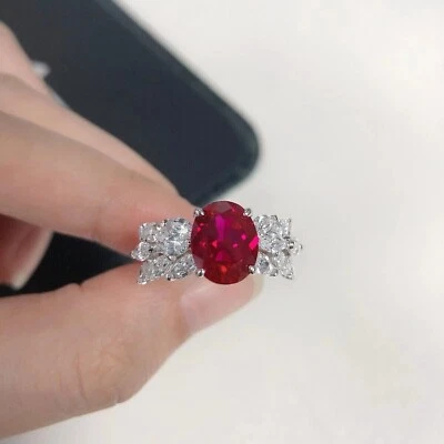 Cluster Engagement Ring 2Ct Oval Cut Lab-Created Ruby 14K White Gold Plated - Image 1 of 4