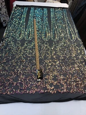 RAINBOW IRIDESCENT CLASSIC SEQUIN DESIGN ON A 4 WAY STRETCH BLACK MESH-BY YARD. - Image 1 of 4
