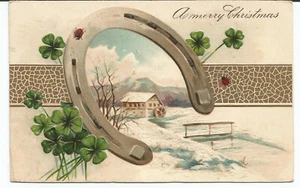 Postal Navidad Símbolos de la Suerte Herradura Ladybugs 4 Hojas Trébol Publicado 1910 - Imagen 1 de 2