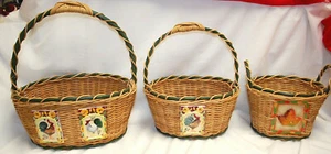 Wicker Baskets w/Ceramic Tiles 2 Roosters 1 Fall Leaf w/Handles  Lot of 3 M3256 - Picture 1 of 10