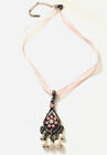 1928 Silver Tone Pink Ribbon Crystal Faux Tiny Pearls Pendant Necklace 18 inch