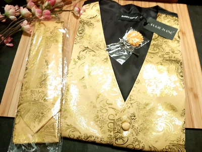 Barry.Wang  Paisley Formal Disco  Jacquard Suit Vest  Waistcoat Tie Set S Yellow - Image 1 of 4