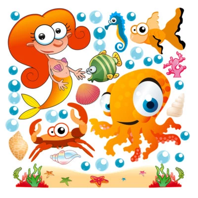 Sirena fondale marino piovra pesci adesivi murali cameretta wal sticker 30 PZ. - Immagine 1 di 2