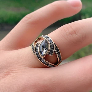 Boho Ethnic Bride Wedding Crystal Ring Antique Gold Color Big Stone Rings For - Picture 1 of 23