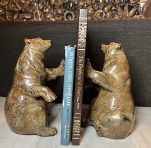 VTG Rustic Bear Bookends Metal 7" Tall Stone-Colored Carved Looking Bears - Picture 1 of 12