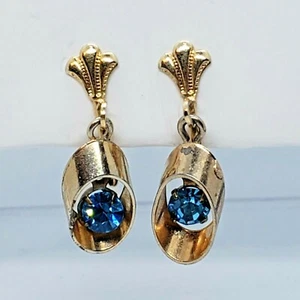 Vintage goldfarbene Fleur de Lis blaue Geburtsstein-Ohrringe mit Schraubverschluss nicht durchbohrt - Bild 1 von 9