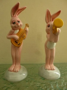 Vintage Pink Ceramic Bunnies Rabbits Playing Guitar & Trumpet Musicians - Picture 1 of 8
