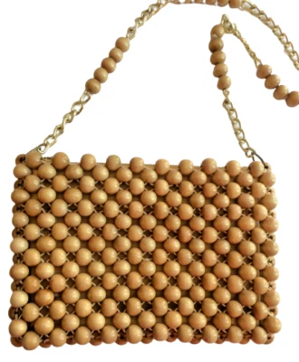 Bolso de hombro con cuentas de madera La Fleur cartera años 60 correa de cadena madera Japón años 70 vintage Foto 1 de 4