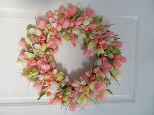 Spring Tulip Wreath 18" Mother's Day, Easter Green Cream Pink Tulips Hand Made - Picture 1 of 5