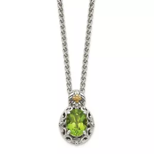 14k/Silver Two-Tone Sterling Silver w/ 14K Accent Peridot Pendant 18 inch - Picture 1 of 2