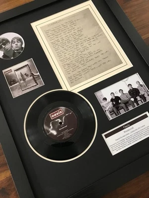 OASIS - WONDERWALL 7" RECORD SINGLE + ORIGINAL HANDWRITTEN  LYRICS MONTAGE - Image 1 of 2