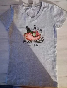 T-shirt de Noël fait main petite fille taille XS 3/4 gris SS "Traîneau toute la journée" neuf - Photo 1/5
