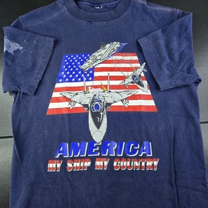 Vintage 'America My Ship My Country' Single Stitch Blue T-Shirt, Sz S 18.5x27" - Picture 1 of 12