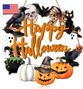 Happy Halloween Wood Wreath Ghost Black Cat Pumpkin Skull Door Hanging Sign Deco - Picture 1 of 7