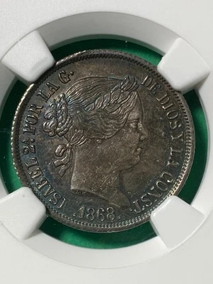 PHILIPPINES SPAIN 20 CENTAVO 1868 ISABEL II NGC MS 62 METALLIC BLUE TONE SCARCE - Image 1 of 4