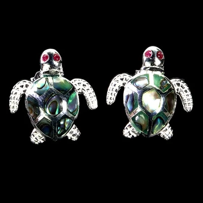 925 Sterling Silver Earrings Round Ruby Mop Turtle Gemstone No USA Import Fees - Image 1 of 4