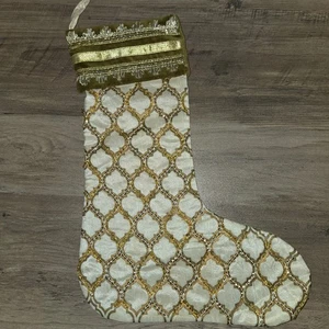 Eleganter Weihnachtsstrumpf creme & gold bestickt Perlen Samt Manschette - Bild 1 von 7