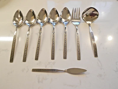 8 Oneida Profile Phoenix Tenedor de Acero Inoxidable Cuchara Ranurada Cucharón Cuchillo de Mantequilla Foto 1 de 2