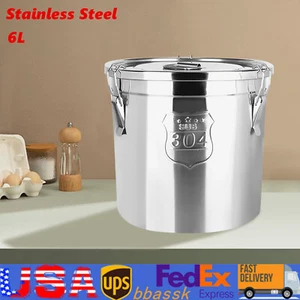 6L Airtight Rice Bucket 304 Stainless Steel Canister Food Storage Container +Lid - Picture 1 of 12