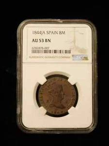 1844JA Spain 8 Maravedis Copper - NGC AU53BN Top Pop - Picture 1 of 4