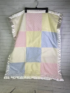 First Impressions Baby Blanket Blue Pink Dots Pastel Patchwork Satin Trim Minky - Picture 1 of 11