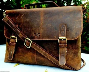 Mens Buffalo Leather Briefcase Vintage Messenger Shoulder Laptop Bag Brown Sale - Picture 1 of 6