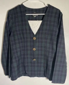 VTG 80's Blue Green Tartan Long Sleeve Suit Top Plaid Mock Neck Scottish 8P - Picture 1 of 5