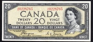 Canada 1954 $20 Twenty Dollar Banknote Coyne - Towers Devils Face A/E 0228765 - Picture 1 of 2