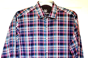 BUGATCHI Men's L Classic Fit Plaid Shirt Contrast Cuffs Collar Long Sleeve - Picture 1 of 15