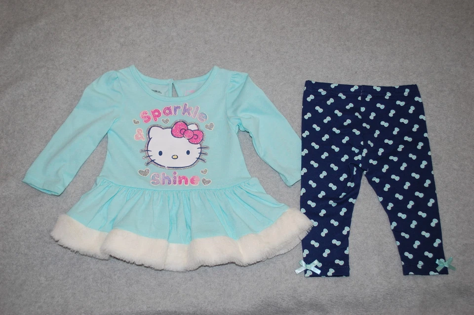 Bebés Niñas HELLO KITTY L/S CAMISA AQUA CON VOLANTES RIBETE DE PIEL SINTÉTICA Leggings Lazos 12 MO Foto 1 de 1