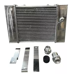 Half Size Compact Drag Coolant Radiator 1.25" 16AN Hose 4 Row Core Fan Tucked US - Picture 1 of 11