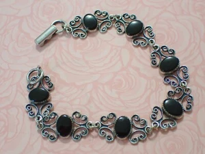 Vintage BEAU Fancy Filigree Scroll Onyx Link Bracelet 925 Sterling Silver 6-7/8" - Picture 1 of 10