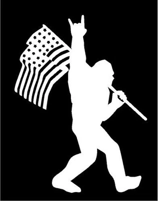 CHALMATION CREATIONS Sasquatch Bigfoot Rock On Flag Funny Vinyl Window Decal Sticker Car Truck-