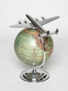 Globe With Aeroplane Art Déco Antique Look Model Airplane Earth Globe Engraving - Picture 1 of 5