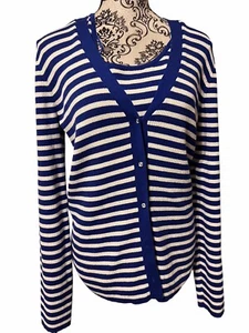 Jones New York women’s Large Blue/Silver Striped Cotton Blend Twin Sweater Set - Picture 1 of 10
