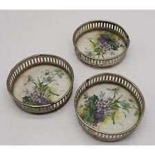 Antique Art Nouveau Made in Germany Floral Porcelain and Metal Coasters Set of 3