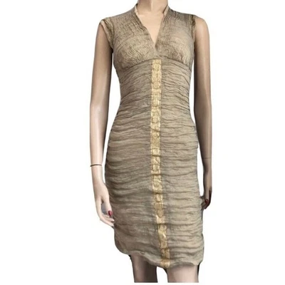 Vestido para mujer Nicole Miller dorado champán acanalado elástico cuello en V talla S Foto 1 de 4
