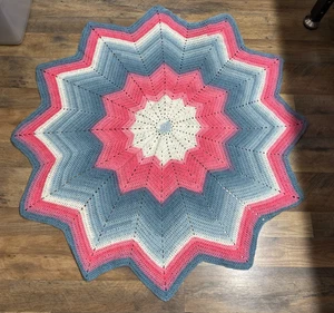 Handmade Crochet 12 Point Star 40" Blanket Throw Chevron Afghan Pink Blue - Picture 1 of 5