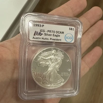 1993-P $1 Proof Silver Eagle ICG PR70 DCAM - Austin Hutto Signed - Image 1 of 4