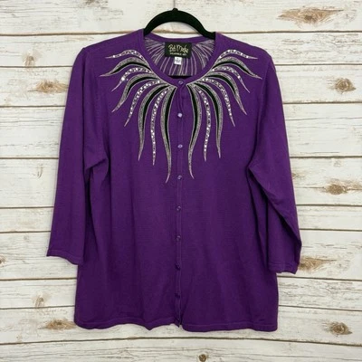 Bob Mackie Purple Embroidered Button Lightweight Cardigan Sweater  NWT - Image 1 of 4