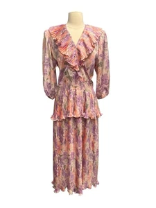 Maxi Vestido Vintage Susan Freis Floral Con Volantes Para Mujer Rosa Púrpura - Mediano - Imagen 1 de 7