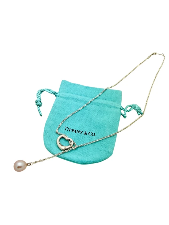 Tiffany & Co. Sterling Peretti Open Heart Pink Pearl Lariat Pendant Necklace 20" - Image 1 of 4