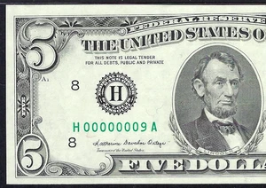🇺🇸1985 $5 SINGLE DIGIT SERIAL NUMBER ♚♚ 00000009 ♚♚ PMG GEM UNC 65 EPQ AMAZING - Picture 1 of 3