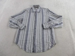 VINTAGE Armani Shirt Mens Large Gray Blue Striped Button Up Viscose Silk Blend - Picture 1 of 10