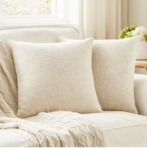 Set of 2 Beige Pillow Covers 24X24 Inch Rustic Linen Square Decorative Throw Pil - Picture 1 of 6