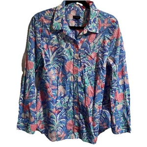 Talbots Damen XL Ratti Tropical Print Baumwolle Button Down Shirt Blau Ananas - Bild 1 von 9