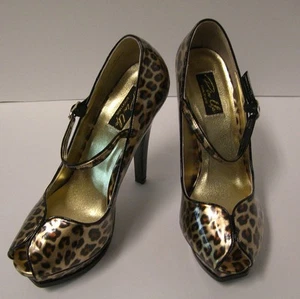 Pin Up Couture Pleasure Peep Toe Heels Size 7  Cheetah Gold Patent Pinup  - Picture 1 of 5