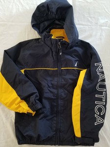Nautica Boys Water-Resistant Jacket w. Hood, Navy Blue / Yellow, Size Large